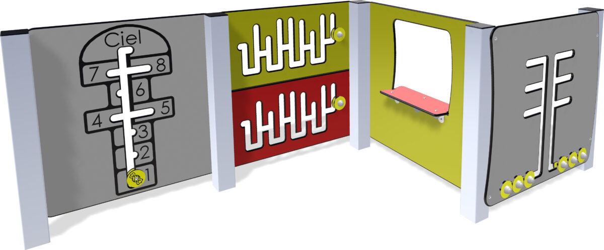 Cabane de jeu RÉCRÉA 4 vue d'ensemble - fabrication française pour aire de jeux publique - Réf MRE-4-couleur-eternel-recto Recto