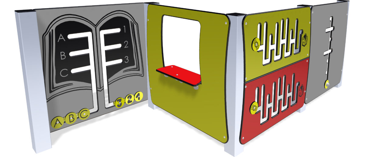 Cabane de jeu RÉCRÉA 4 vue d'ensemble - fabrication française pour aire de jeux publique - Réf MRE-4-couleur-eternel