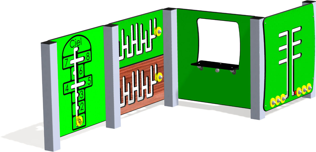 Cabane de jeu RÉCRÉA 4 vue d'ensemble - fabrication française pour aire de jeux publique - Réf MRE-4-couleur-natura-Verso