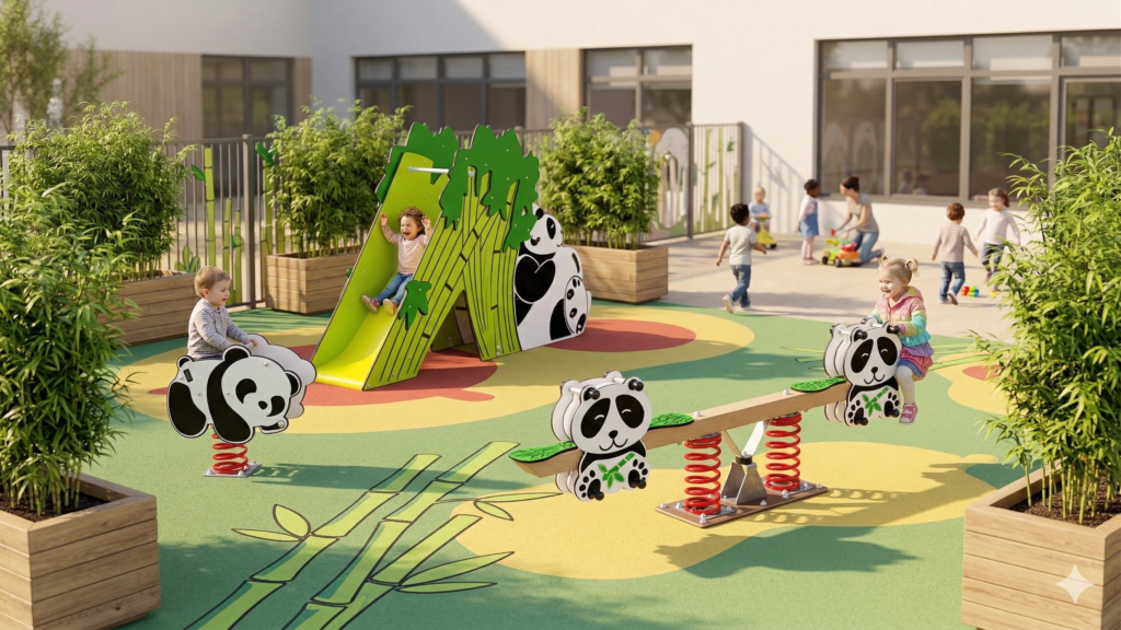 Aire Jeux Panda Univers Creche Petite Enfance Toboggan Ressort Balançoire